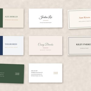 May include: A collection of eight rectangular business cards arranged in a grid. The cards feature various designs including solid color blocks, thin borders, and minimalist typography with names like Alex Morgan, Jordan Lee, and Sam Rivera.