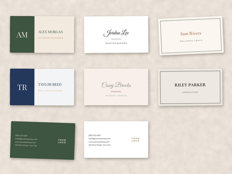 May include: A collection of eight rectangular business cards arranged in a grid. The cards feature various designs including solid color blocks, thin borders, and minimalist typography with names like Alex Morgan, Jordan Lee, and Sam Rivera.