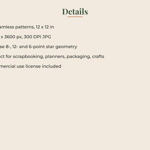 May include: A digital product information list titled Details, featuring 12 seamless patterns at 12 x 12 inches, 3600 x 3600 px at 300 DPI JPG, precise 8-, 12- and 6-point star geometry, scrapbooking, planners, packaging, crafts, and commercial license.