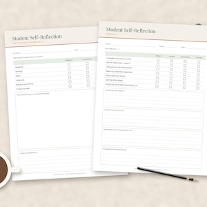 May include: Two white paper sheets titled Student Self-Reflection with black text, checkboxes, and lines for writing. The forms feature a light brown header bar and green accents. A cup of dark coffee and a black pencil are placed nearby.