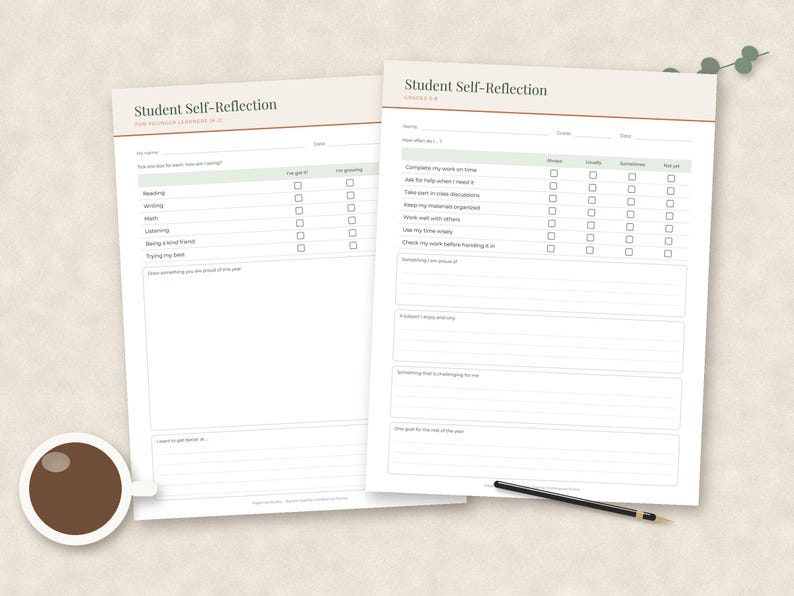May include: Two white paper sheets titled Student Self-Reflection with black text, checkboxes, and lines for writing. The forms feature a light brown header bar and green accents. A cup of dark coffee and a black pencil are placed nearby.