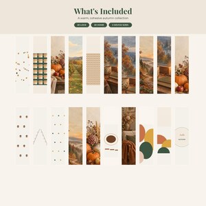 May include: A digital collection of twenty autumn-themed wallpapers featuring pumpkins, fall foliage, plaid patterns, and landscapes. The text "What's Included", "A warm, cohesive autumn collection", "20 LOCK", "20 HOME", and "2 DEVICE SIZES" is visible.