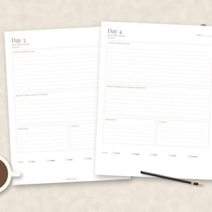 Peut inclure: Deux feuilles de papier blanc pr&eacute;sentant des mod&egrave;les de journal de gratitude pour le jour 3 et le jour 4. Chaque page comprend des sections lign&eacute;es pour les r&eacute;flexions quotidiennes, des invites et des cases &agrave; cocher pour le suivi de l'humeur.