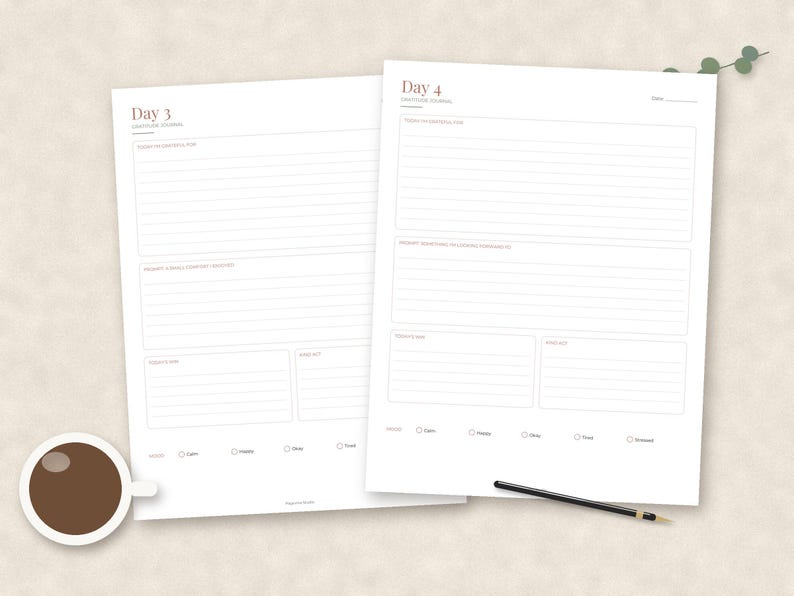 Peut inclure: Deux feuilles de papier blanc pr&eacute;sentant des mod&egrave;les de journal de gratitude pour le jour 3 et le jour 4. Chaque page comprend des sections lign&eacute;es pour les r&eacute;flexions quotidiennes, des invites et des cases &agrave; cocher pour le suivi de l'humeur.