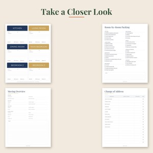 May include: Four white printable planning sheets with dark text and colored accents. The pages are titled Take a Closer Look, Room-by-Room Packing, Moving Overview, and Change of Address. The sheets feature checklists, labeled boxes for rooms, and lines for notes.
