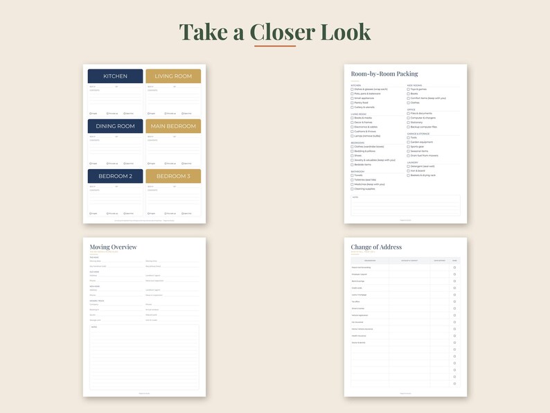 May include: Four white printable planning sheets with dark text and colored accents. The pages are titled Take a Closer Look, Room-by-Room Packing, Moving Overview, and Change of Address. The sheets feature checklists, labeled boxes for rooms, and lines for notes.