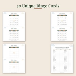 May include: A set of 30 unique baby bingo cards and a bingo caller checklist. The cards feature a grid layout with the text Baby Bingo at the top, while the checklist includes a list of items for the game. The design uses soft colors.