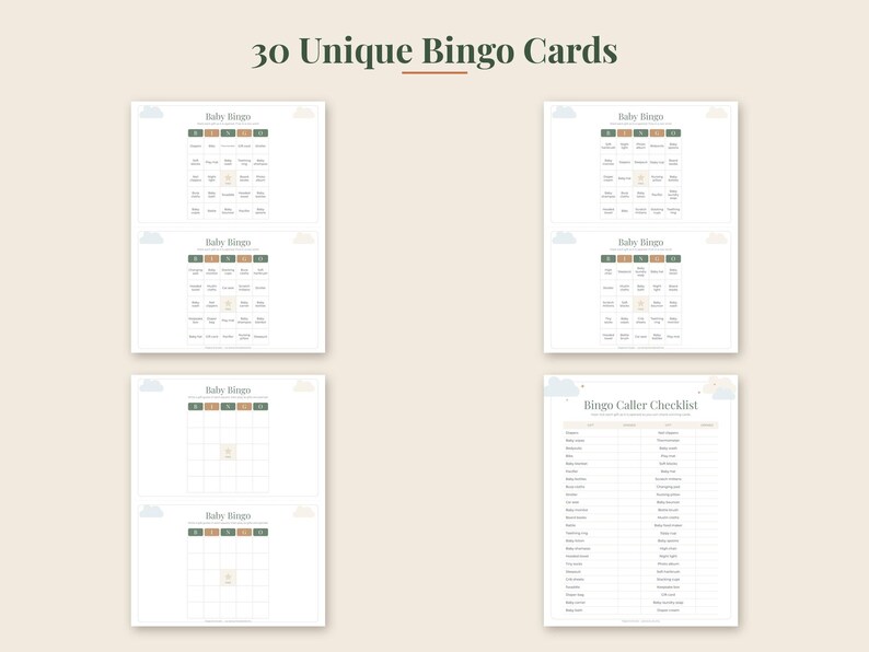 May include: A set of 30 unique baby bingo cards and a bingo caller checklist. The cards feature a grid layout with the text Baby Bingo at the top, while the checklist includes a list of items for the game. The design uses soft colors.