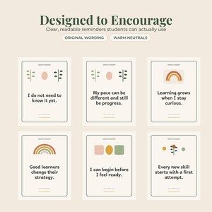 May include: Six rectangular educational posters with a cream background and dark text. The posters feature growth mindset phrases like 'I do not need to know it yet' and 'Learning grows when I stay curious' alongside simple geometric shapes and botanical icons.