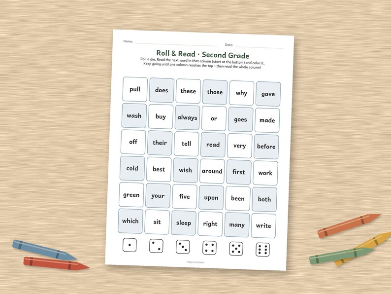 May include: A white educational worksheet titled Roll & Read Second Grade featuring a grid of light blue squares containing words like pull, does, these, and wash. Below the grid are six squares with dice dot patterns from one to six.