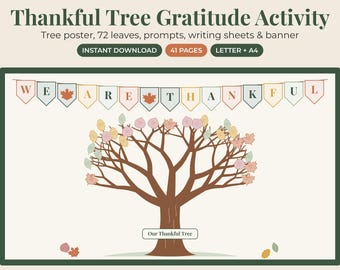 Thankful Tree Gratitude Activity, Thanksgiving Classroom Bulletin Board, Printable Leaves, Kids November Craft