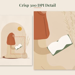 May include: A digital art print featuring a person wearing a rust-colored head covering, sitting and reading an open book. The scene includes a beige archway, a yellow sun, and a vase with tall grasses. The text Crisp 300 DPI Detail is visible.