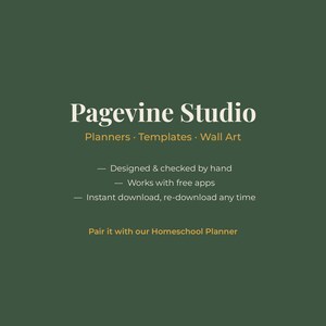 May include: A dark green graphic featuring the white text Pagevine Studio, followed by Planners &middot; Templates &middot; Wall Art in gold. Below are three bullet points: Designed & checked by hand, Works with free apps, and Instant download, re-download any time.