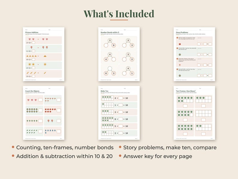 Kindergarten Math Worksheets, 50 Page Addition Subtraction Printable, Number Bonds image 2