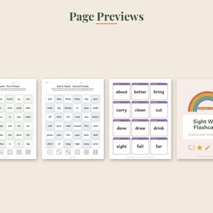 May include: Four educational sheets titled Page Previews. Two sheets feature Roll & Read grids with words and dice icons. One sheet displays purple-bordered sight word flashcards. The final sheet shows a rainbow graphic and Sight Word Flashcards text.