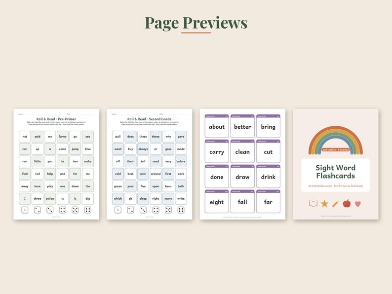 May include: Four educational sheets titled Page Previews. Two sheets feature Roll & Read grids with words and dice icons. One sheet displays purple-bordered sight word flashcards. The final sheet shows a rainbow graphic and Sight Word Flashcards text.
