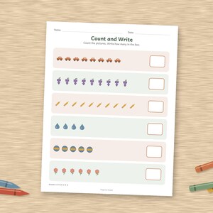 May include: A white educational worksheet titled Count and Write with rows of small icons including cars, grapes, pencils, water droplets, circles, and flowers, each followed by an empty box for writing the total count of items in each row.
