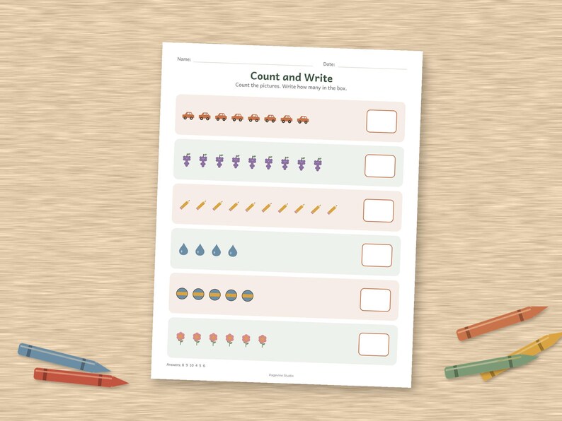 May include: A white educational worksheet titled Count and Write with rows of small icons including cars, grapes, pencils, water droplets, circles, and flowers, each followed by an empty box for writing the total count of items in each row.