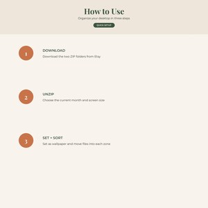 May include: An instructional graphic titled How to Use with the subtitle Organize your desktop in three steps and a Quick Setup button. It lists three steps: 1. Download the two ZIP folders from Etsy, 2. Unzip and choose the month, 3. Set + Sort.