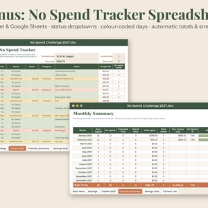May include: A digital no spend tracker spreadsheet for Excel and Google Sheets featuring a 365-day tracker and monthly summary. The interface displays columns for date, day, status, spent, category, notes, and budget left with color-coded rows.