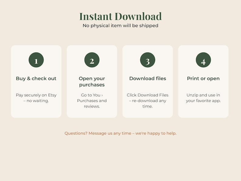 May include: An instructional graphic titled Instant Download with four numbered steps in dark green circles. The steps are: 1. Buy & check out, 2. Open your purchases, 3. Download files, and 4. Print or open. Text at the bottom reads: Questions? Message us any time &ndash; we&rsquo;re happy to help.