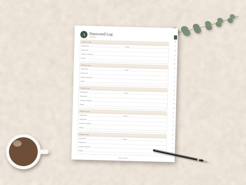 K&ouml;nnte beinhalten: Ein wei&szlig;es Passwort-Protokollblatt mit einem dunkelgr&uuml;nen kreisf&ouml;rmigen Symbol mit dem Buchstaben A, dem Text Password Log und f&uuml;nf Abschnitten mit Zeilen f&uuml;r Website-Name, Benutzername, E-Mail, Passwort, 2-Faktor-Authentifizierung und Notizen.