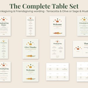 May include: A complete table set of Thanksgiving and Friendsgiving stationery including invitations, menus, welcome signs, and place cards. The designs feature autumn-themed pumpkin and leaf illustrations in terracotta, olive, sage, and mustard colors.