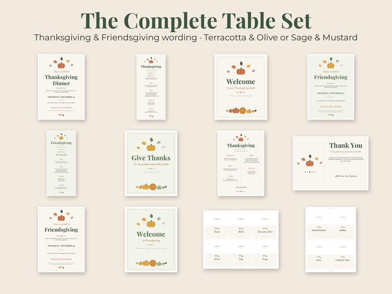 May include: A complete table set of Thanksgiving and Friendsgiving stationery including invitations, menus, welcome signs, and place cards. The designs feature autumn-themed pumpkin and leaf illustrations in terracotta, olive, sage, and mustard colors.