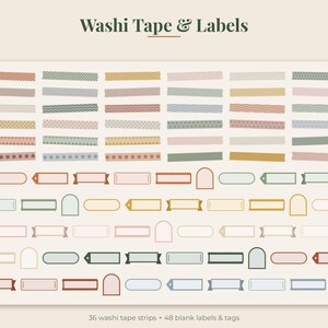 May include: A collection of 36 washi tape strips and 48 blank labels and tags in various muted colors and patterns. The set features horizontal strips with stripes, dots, and waves, alongside rectangular, arched, and banner-shaped labels.