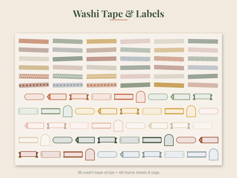 May include: A collection of 36 washi tape strips and 48 blank labels and tags in various muted colors and patterns. The set features horizontal strips with stripes, dots, and waves, alongside rectangular, arched, and banner-shaped labels.