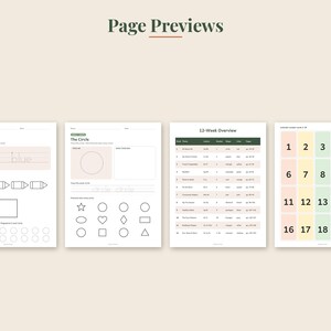 May include: Four educational worksheets displayed side-by-side. The first page features the color blue, the second page focuses on circles, the third page shows a 12-week overview table, and the fourth page displays a grid of numbers from 1 to 20.