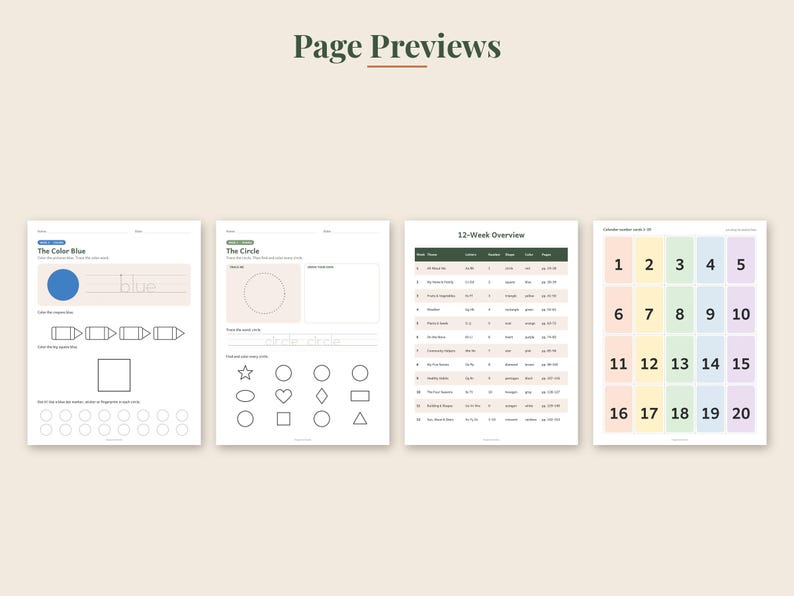 May include: Four educational worksheets displayed side-by-side. The first page features the color blue, the second page focuses on circles, the third page shows a 12-week overview table, and the fourth page displays a grid of numbers from 1 to 20.