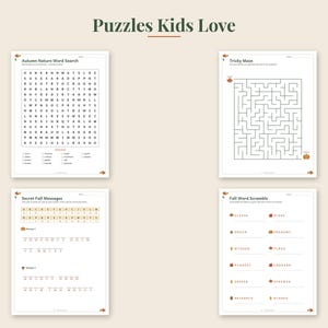 May include: A collection of four printable activity sheets titled Puzzles Kids Love, featuring an Autumn Nature Word Search, a Tricky Maze, Secret Fall Messages with a cipher key, and a Fall Word Scramble, all decorated with small autumn leaf icons.