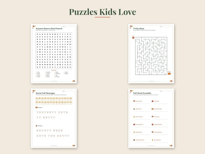May include: A collection of four printable activity sheets titled Puzzles Kids Love, featuring an Autumn Nature Word Search, a Tricky Maze, Secret Fall Messages with a cipher key, and a Fall Word Scramble, all decorated with small autumn leaf icons.