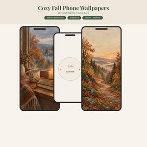 May include: Digital phone wallpaper set titled Cozy Fall Phone Wallpapers with 20 matching lock and home screen pairs. The display shows three smartphone screens featuring autumn-themed illustrations of a window view, a path, and text.