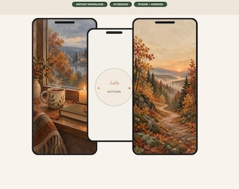 Fall Thanksgiving Wallpaper iPhone Bundle, 20 Cozy Autumn Phone Backgrounds, Plaid Leaves