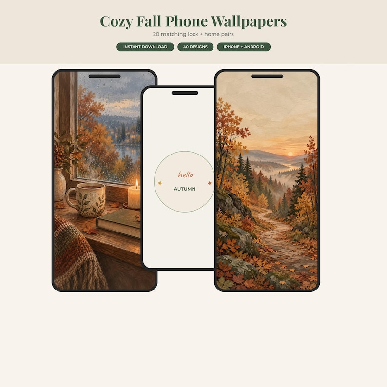 May include: Digital phone wallpaper set titled Cozy Fall Phone Wallpapers with 20 matching lock and home screen pairs. The display shows three smartphone screens featuring autumn-themed illustrations of a window view, a path, and text.