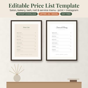 May include: An editable price list template featuring two framed documents with service menus. The top text reads Editable Price List Template, Salon, bakery, lash, nail & service menu - print + Instagram, INSTANT DOWNLOAD, LETTER - A4 - SOCIAL, EDIT FREE.