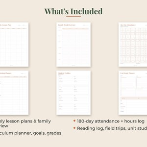 May include: A set of six printable planner pages with a beige background and dark text. The pages include a Weekly Lesson Plan, Family Work Overview, 180-Day Attendance, Curriculum Planner, Student Profiles, and Unit Study Planner for organization.