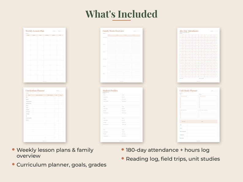 May include: A set of six printable planner pages with a beige background and dark text. The pages include a Weekly Lesson Plan, Family Work Overview, 180-Day Attendance, Curriculum Planner, Student Profiles, and Unit Study Planner for organization.