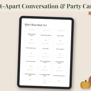 May include: A digital tablet displaying a printable sheet titled Cut-Apart Conversation & Party Cards with the heading Who's Most Likely To? containing twelve individual question cards with text prompts and small gold dots below each question.
