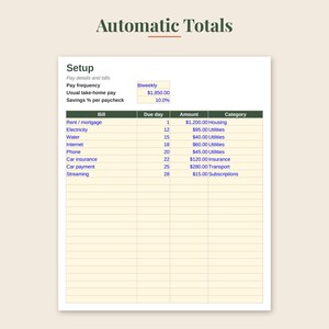 May include: A digital budget spreadsheet titled Automatic Totals with a Setup section. It displays pay frequency, take-home pay of $1,850.00, and savings percentage. A table lists bills including rent, utilities, insurance, and subscriptions with due dates.