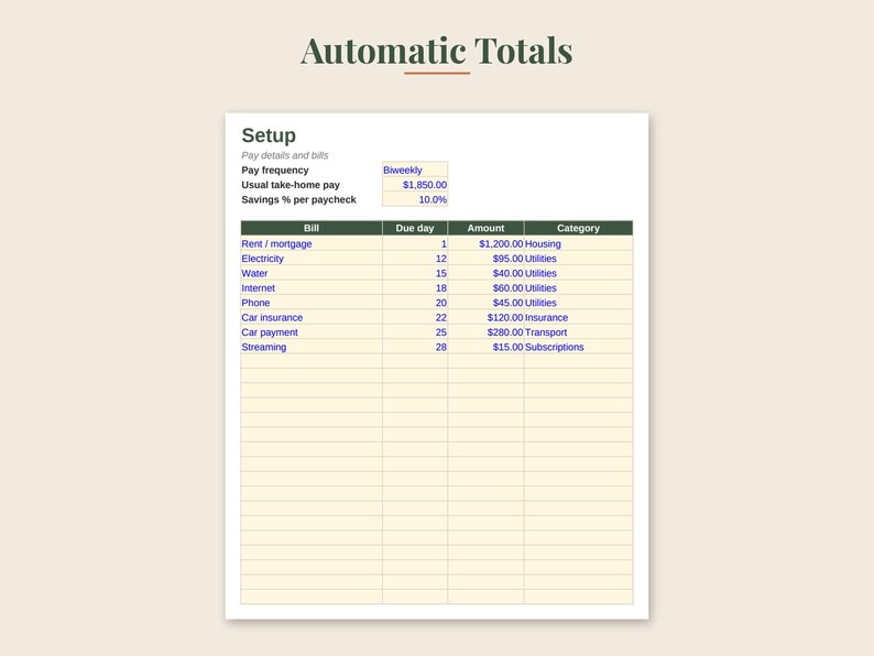 May include: A digital budget spreadsheet titled Automatic Totals with a Setup section. It displays pay frequency, take-home pay of $1,850.00, and savings percentage. A table lists bills including rent, utilities, insurance, and subscriptions with due dates.