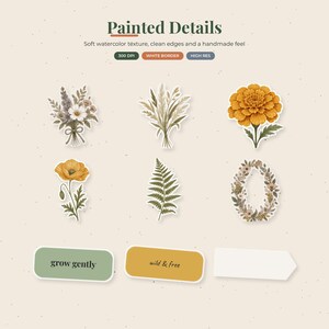 May include: A collection of watercolor-style floral and botanical stickers featuring a bouquet, dried grasses, a marigold, a poppy, a fern, and a floral wreath. Includes three rectangular labels with the text "grow gently" and "wild & free".