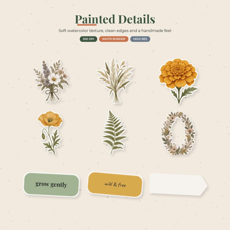 May include: A collection of watercolor-style floral and botanical stickers featuring a bouquet, dried grasses, a marigold, a poppy, a fern, and a floral wreath. Includes three rectangular labels with the text "grow gently" and "wild & free".