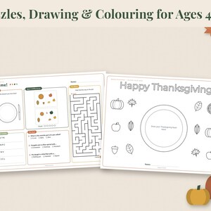May include: Two printable activity sheets for children featuring Thanksgiving themes. The left sheet includes a maze, word scramble, and spot the difference game. The right sheet is a coloring page with a central plate and various autumn icons.