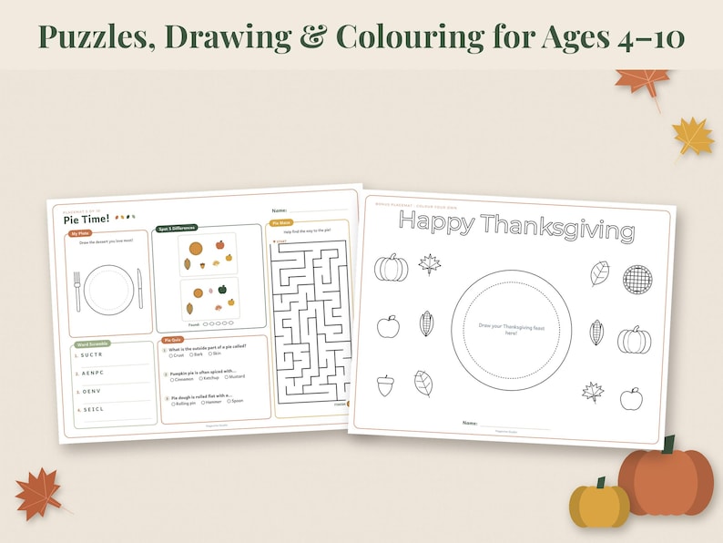 May include: Two printable activity sheets for children featuring Thanksgiving themes. The left sheet includes a maze, word scramble, and spot the difference game. The right sheet is a coloring page with a central plate and various autumn icons.
