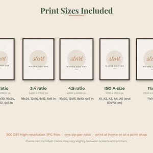 May include: A digital print guide displaying five framed posters with the text 'start WHERE YOU ARE' centered on a beige circle. Below each frame, text lists ratios including 2:3, 3:4, 4:5, ISO A-size, and 11x14, along with specific inch dimensions.