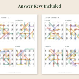 May include: Two white pages containing answer keys for word search puzzles. The text reads Answer Keys Included, Answers - Puzzles 1-4, and Answers - Puzzles 5-8. Each grid features highlighted words in various pastel colors across eight distinct categories.