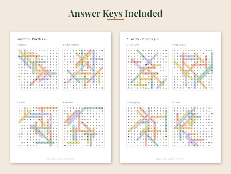 May include: Two white pages containing answer keys for word search puzzles. The text reads Answer Keys Included, Answers - Puzzles 1-4, and Answers - Puzzles 5-8. Each grid features highlighted words in various pastel colors across eight distinct categories.
